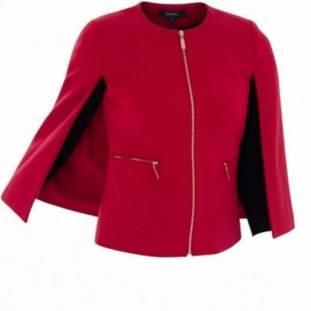 Chicos Cape Jacket Size 2 L 12 Ponte Full Zip Gold Hardware Zipper Pockets Red